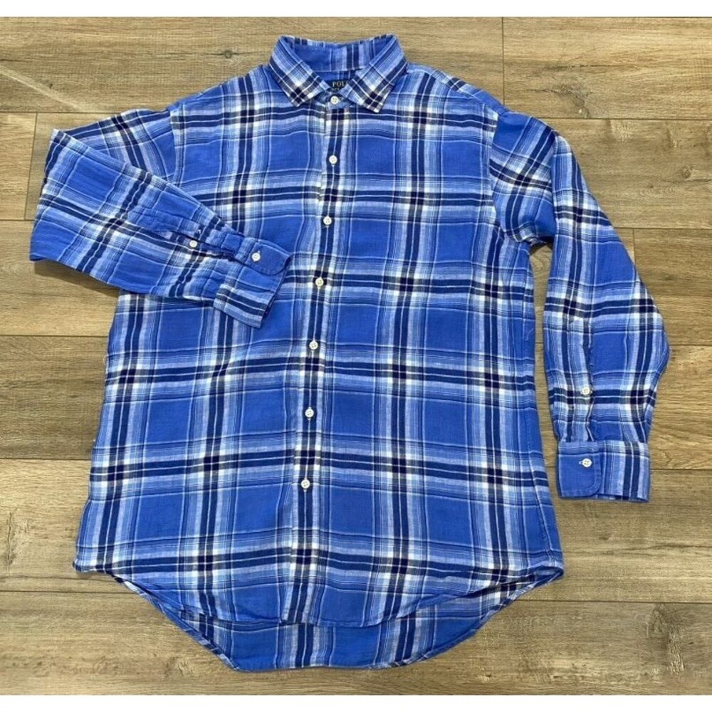 Polo Ralph Lauren 100% Linen Mens L Slim Long Sleeve Button Up Blue Plaid Shirt